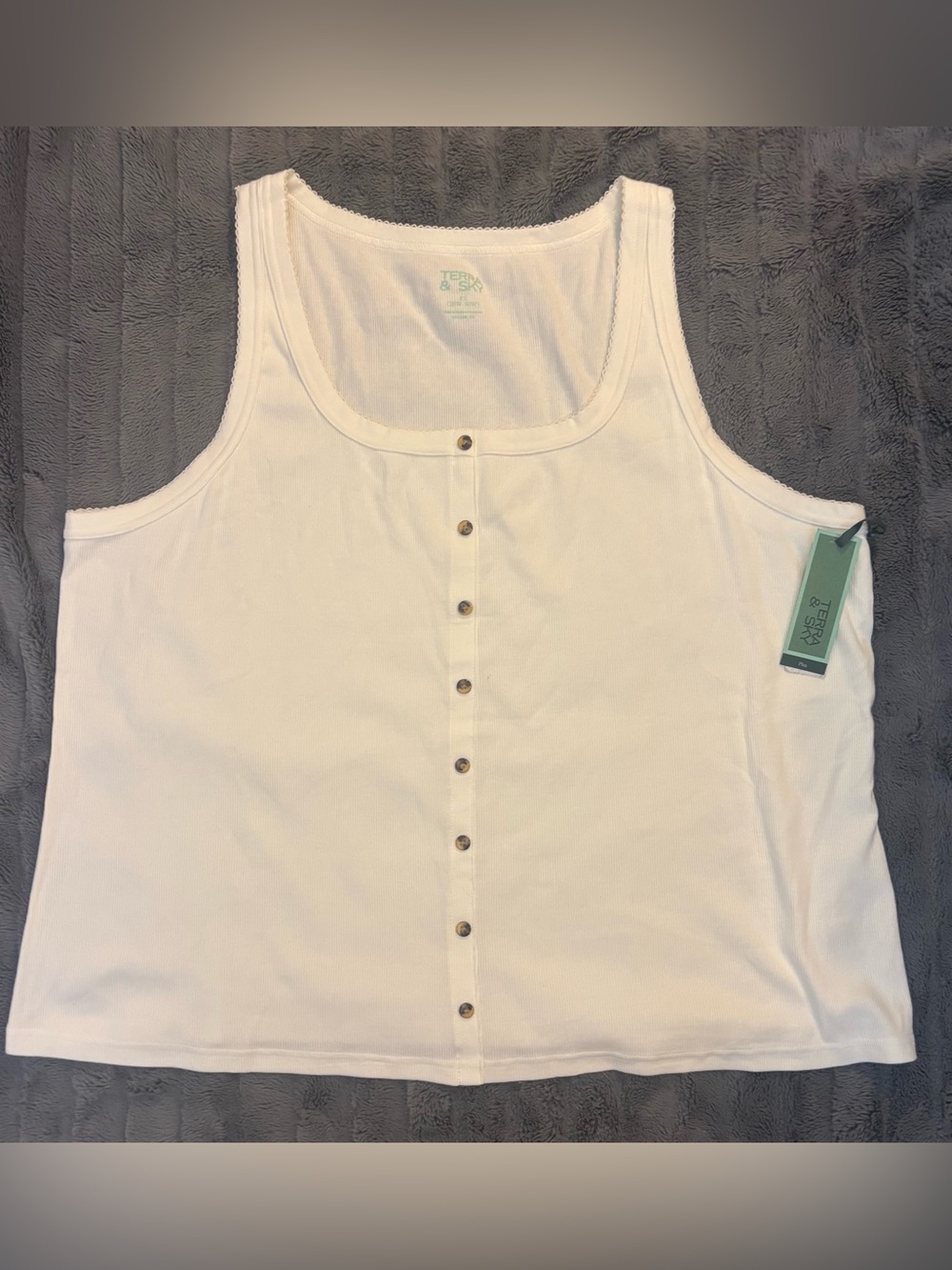 Terra & Sky White Ribbed Tank Top Tortoise Button Plus Size 4X NWT